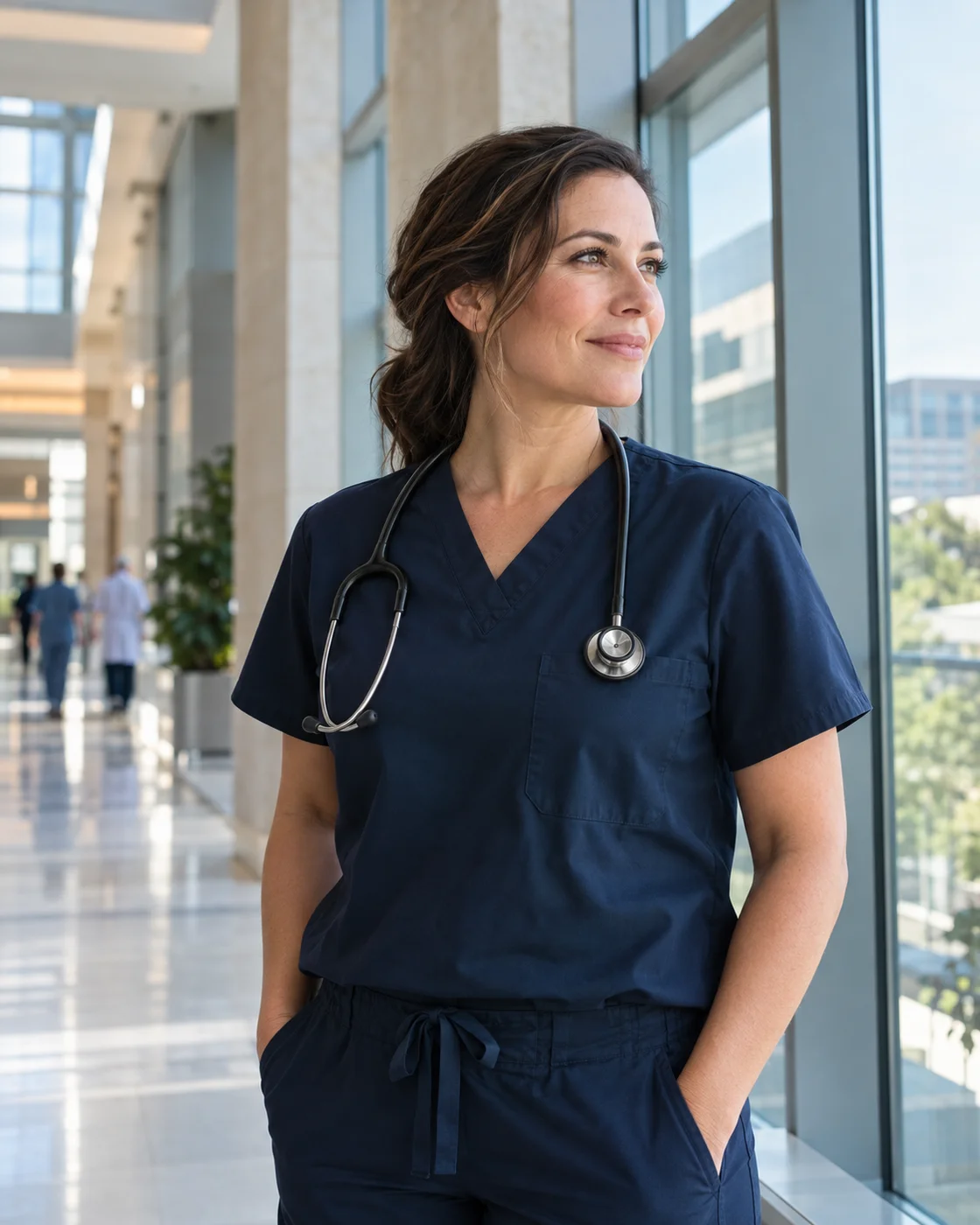 Illustrative physician in navy scrubs beside a hospital window